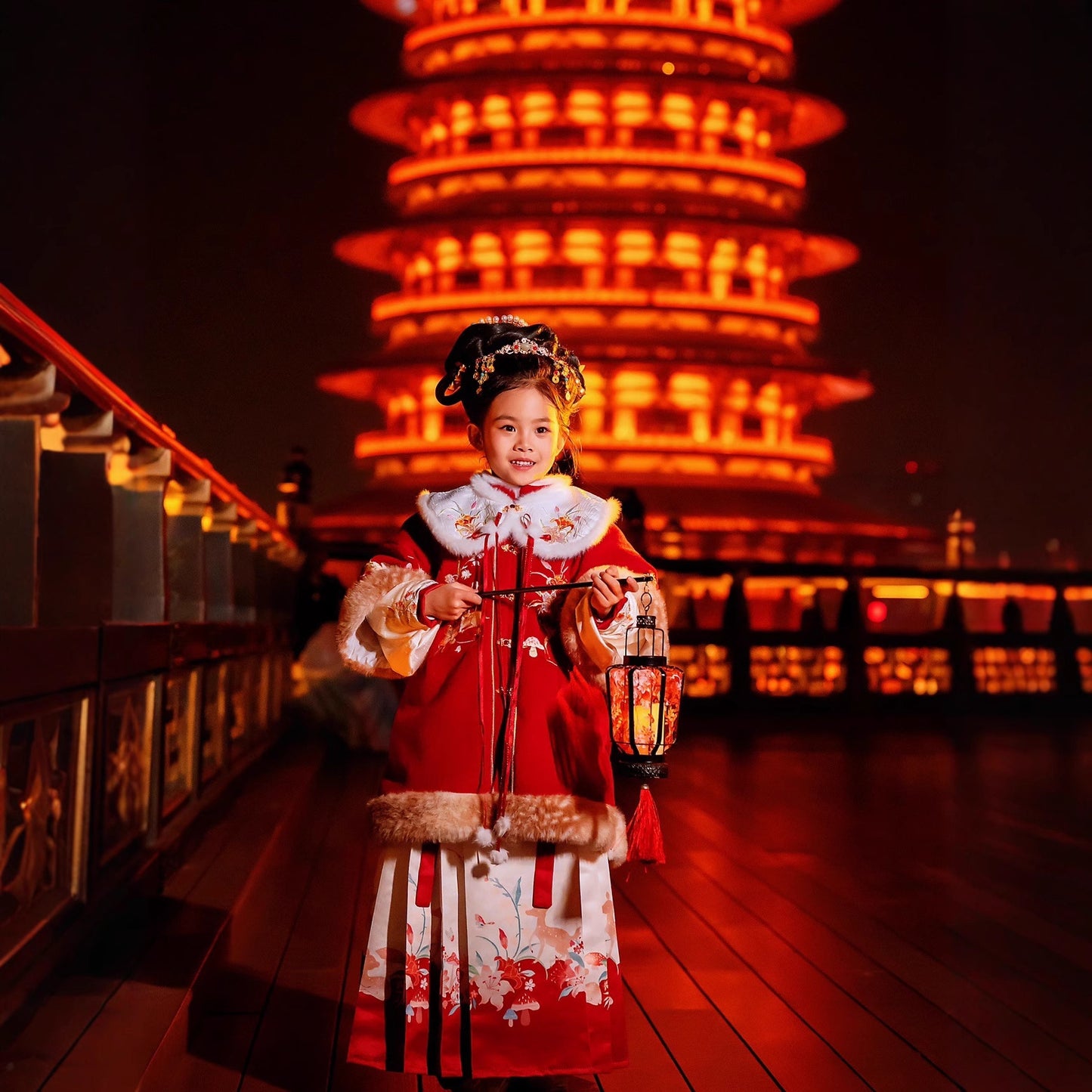 Ming Dynasty Girl's Mamian Skirt Yuanji 元吉 Children's Traditional Clothing Chinese Lunar New Year Velvet Hanfu Suit