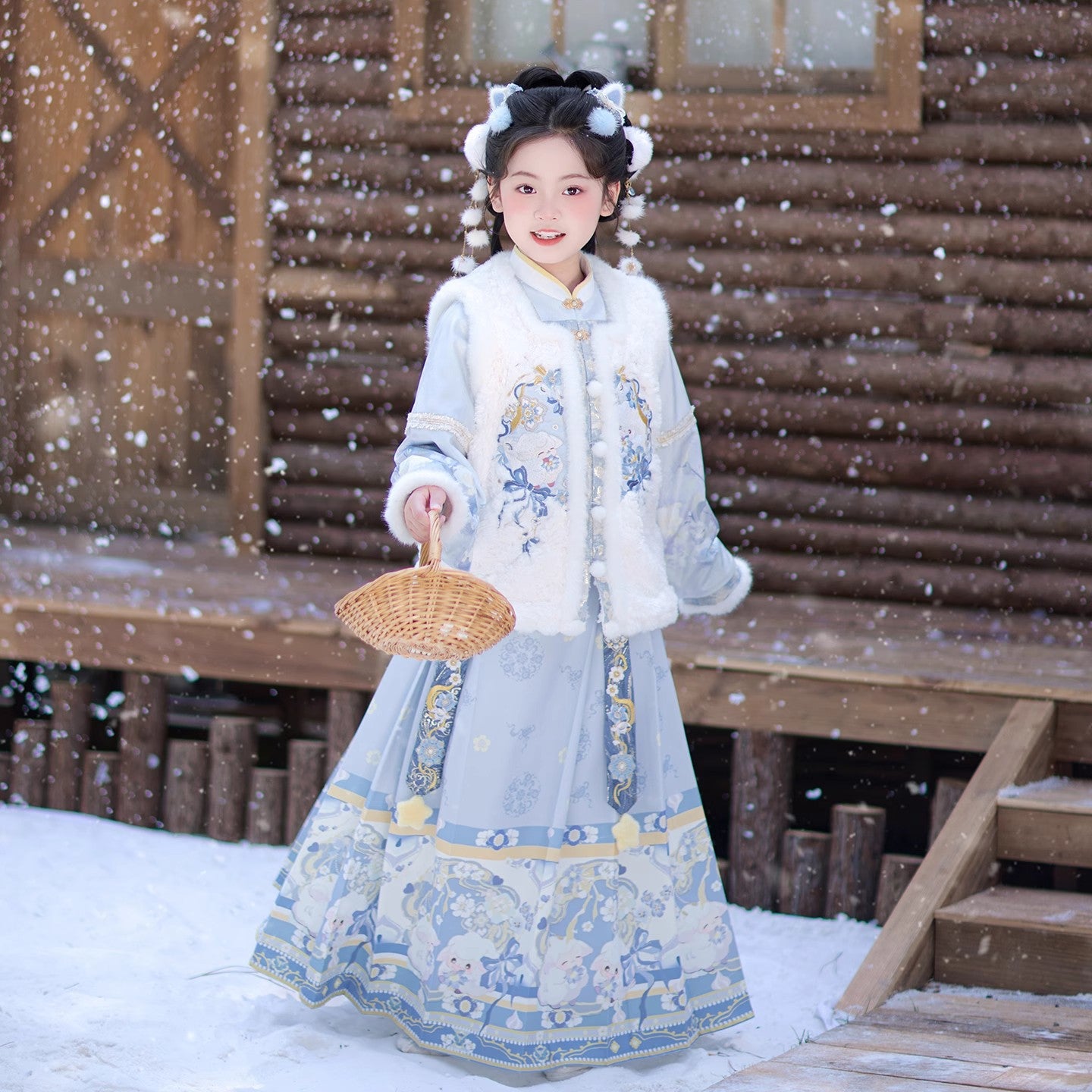 Ming Dynasty Girl's Mamian Skirt Yunduo 云朵 Children's Traditional Chinese Clothing  Lunar New Year Velvet Hanfu Suit