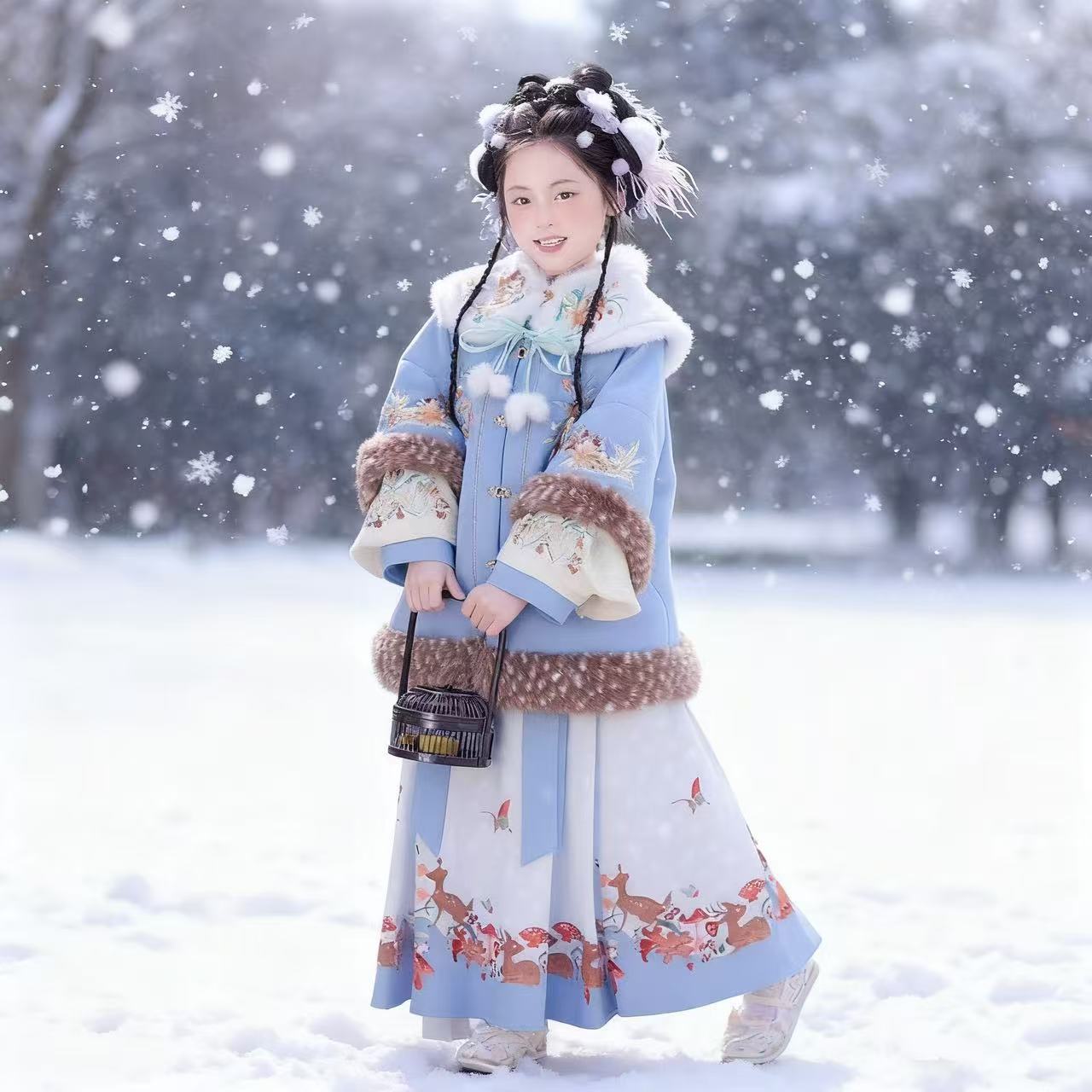 Ming Dynasty Girl's Mamian Skirt Yuanji 元吉 Children's Traditional Clothing Chinese Lunar New Year Velvet Hanfu Suit