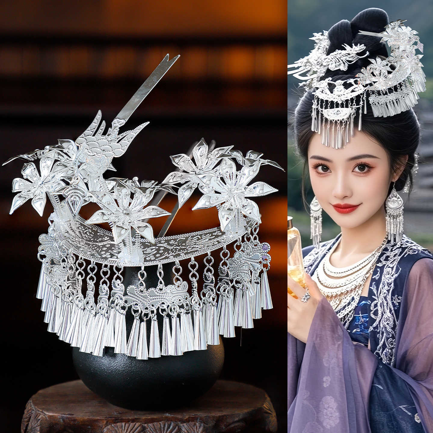 Miao Ornaments Nuomu 诺牧 Traditional Chinese Hair jewelry Hanfu Historical Headgear