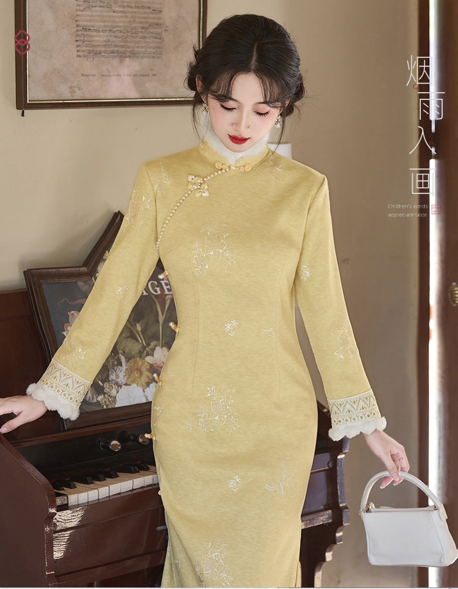 Women's Qipao Xiangling 香铃 Asian Thicken Dress Chinese Modern Hanfu Clothing Velvet Cheongsam Winter