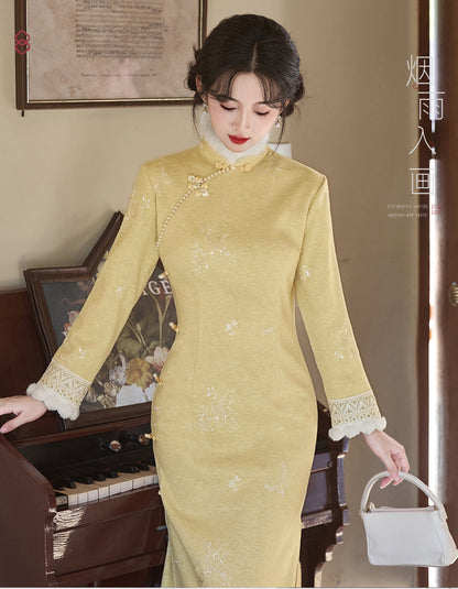 Women's Qipao Xiangling 香铃 Asian Thicken Dress Chinese Modern Hanfu Clothing Velvet Cheongsam Winter