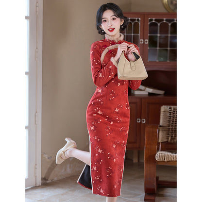 Women's Qipao Meiyue 梅约 Asian Dress Chinese Thicken Modern Hanfu Clothing Velvet Cheongsam