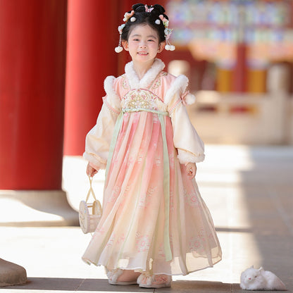 Tang Dynasty Girl Velvet Ruqun Huazhao 花朝 Children's Chinese Traditional Clothing Hanfu Suit