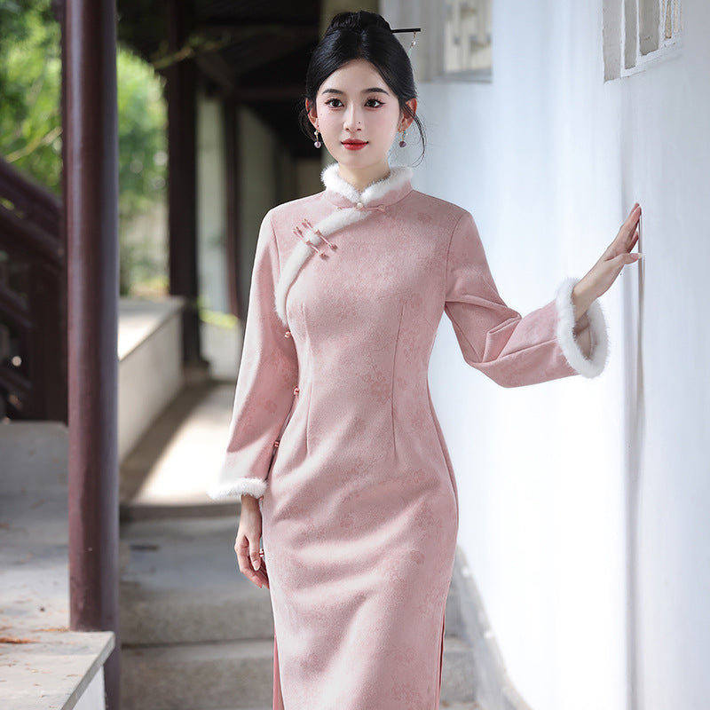 Women's Qipao Dongnuan 冬暖 Asian Thicken Dress Chinese Modern Hanfu Clothing Velvet Cheongsam Winter