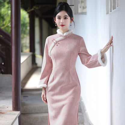 Women's Qipao Dongnuan 冬暖 Asian Thicken Dress Chinese Modern Hanfu Clothing Velvet Cheongsam Winter