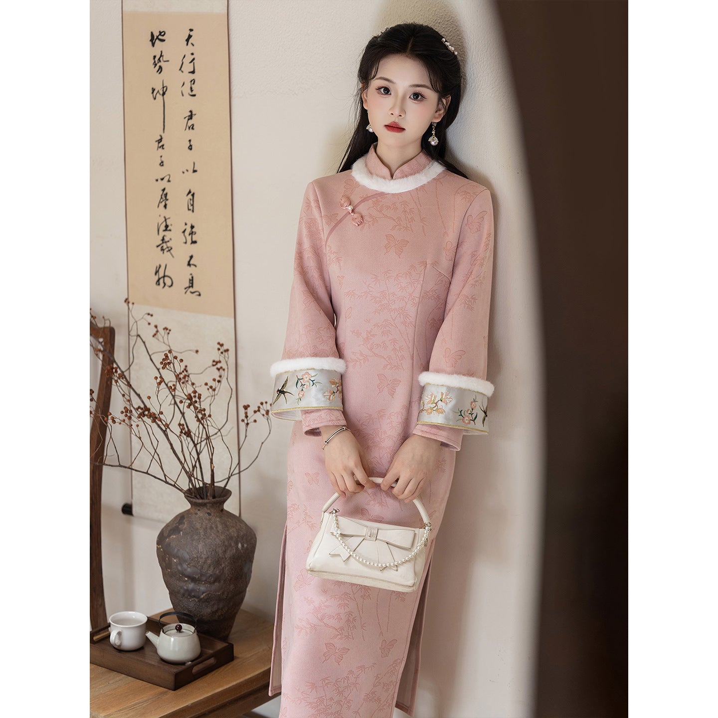 Women's Qipao Chayan 茶烟 Asian Thicken Dress Chinese Modern Hanfu Clothing Velvet Cheongsam Winter
