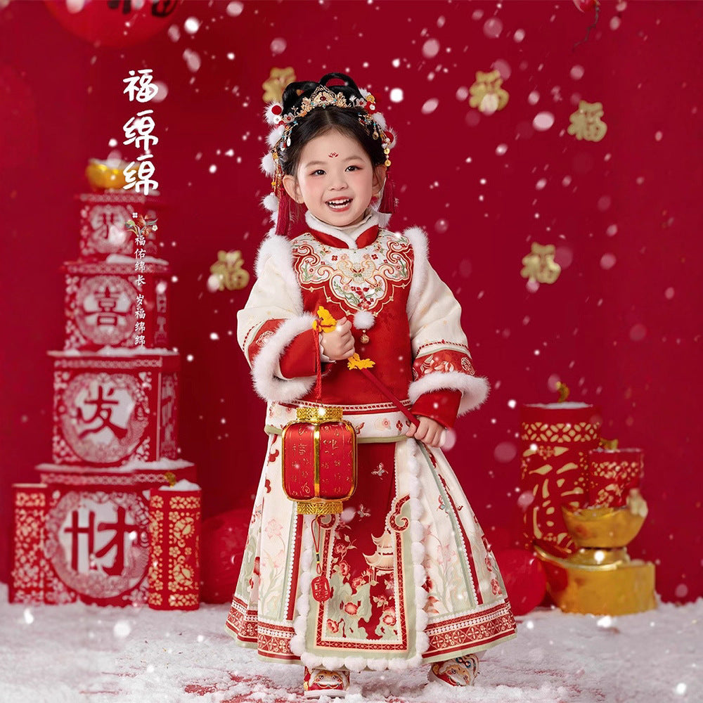 Children's Traditional Clothing Fumianmian 福绵绵 Chinese Lunar New Year Velvet Hanfu Suit