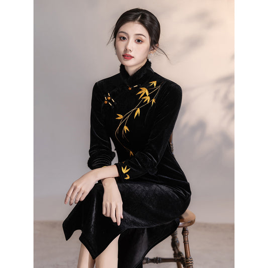 Women's Qipao Jinye 锦叶 Asian Thicken Dress Chinese Modern Hanfu Clothing Velvet Cheongsam Winter