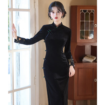Women's Qipao Mobi 墨笔 Asian Thicken Dress Chinese Modern Hanfu Clothing Velvet Cheongsam Winter