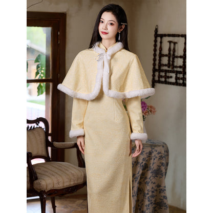 Women's Qipao Huaqi 花期 Asian Thicken Dress Chinese Modern Hanfu Clothing Velvet Cheongsam Winter