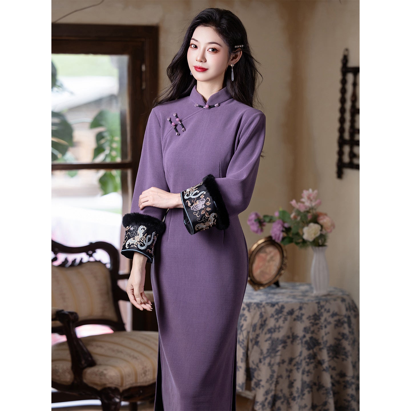 Women's Qipao Shixu 时叙 Asian Thicken Dress Chinese Modern Hanfu Clothing Velvet Cheongsam Winter