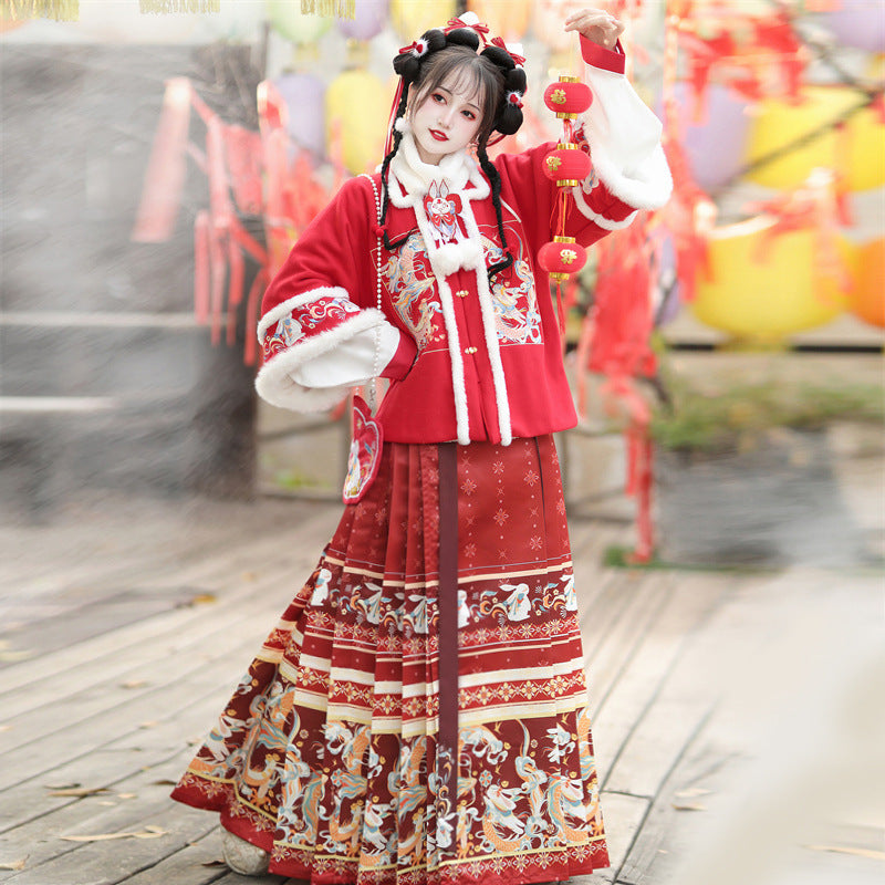 Ming Dynasty Dress Women's Mamian Skirt Rabbit 兔 Chinese Style Lunar New Year Clothes Winter