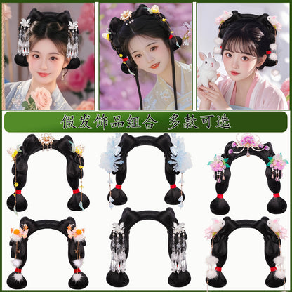 Traditional Chinese Hairstyle Wig Zanghua 葬花 Hanfu Historical Royal Hairpieces
