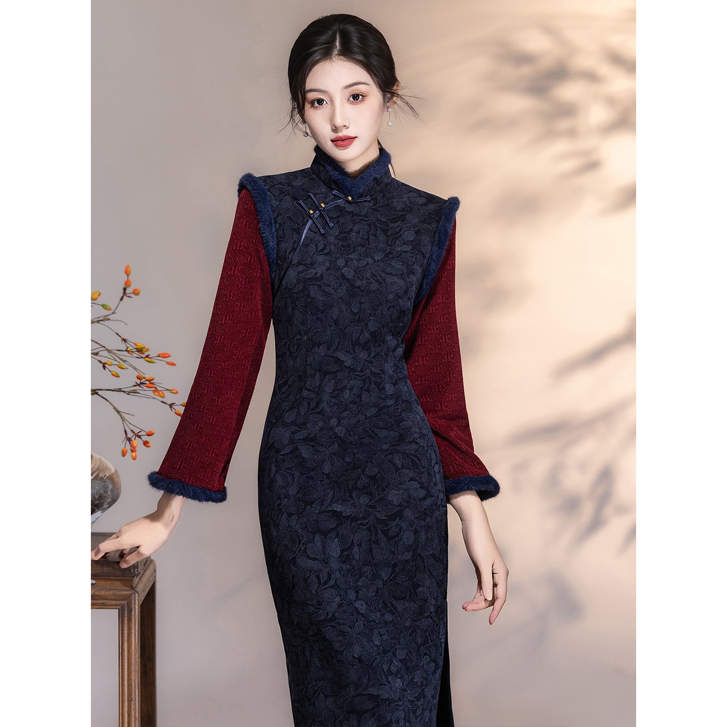 Women's Qipao Xiangsikou 相思扣 Asian Thicken Dress Chinese Modern Hanfu Clothing Velvet Cheongsam Winter