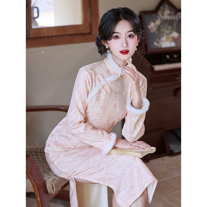 Women's Qipao Fendie 粉蝶 Asian Thicken Dress Chinese Modern Hanfu Clothing Velvet Cheongsam Winter