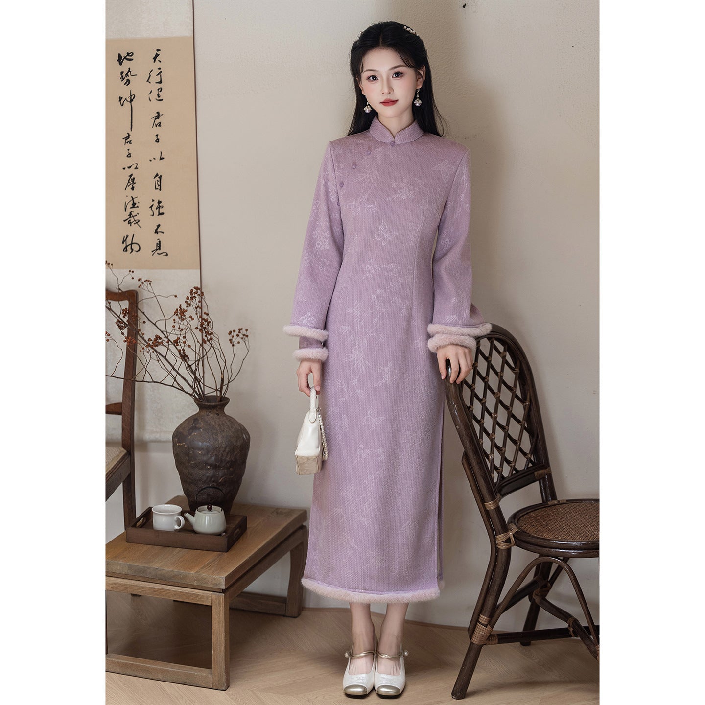 Women's Qipao Ziqingrou 紫晴柔 Asian Thicken Dress Chinese Modern Hanfu Clothing Velvet Cheongsam Winter