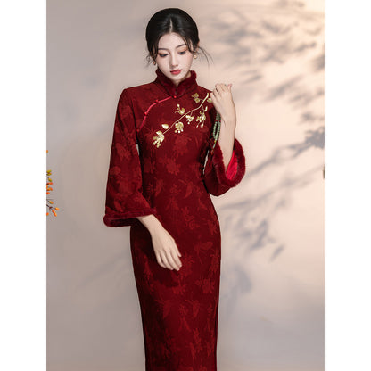 Women's Qipao Tianchangdijiu 天长地久 Asian Thicken Dress Chinese Modern Hanfu Clothing Velvet Cheongsam Winter