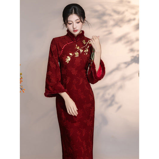 Women's Qipao Tianchangdijiu 天长地久 Asian Thicken Dress Chinese Modern Hanfu Clothing Velvet Cheongsam Winter