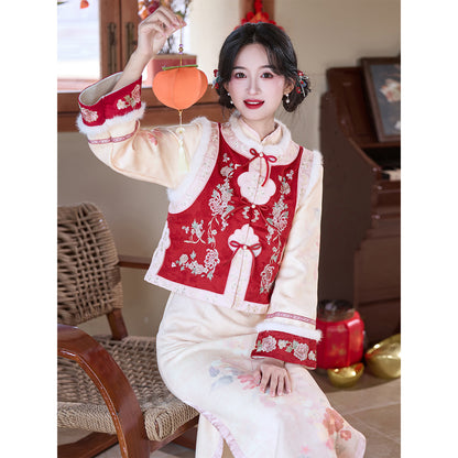 Women's Qipao Huaiqianshu 花千树 Asian Dress Chinese Thicken Modern Hanfu Clothing Velvet Cheongsam Winter Autumn