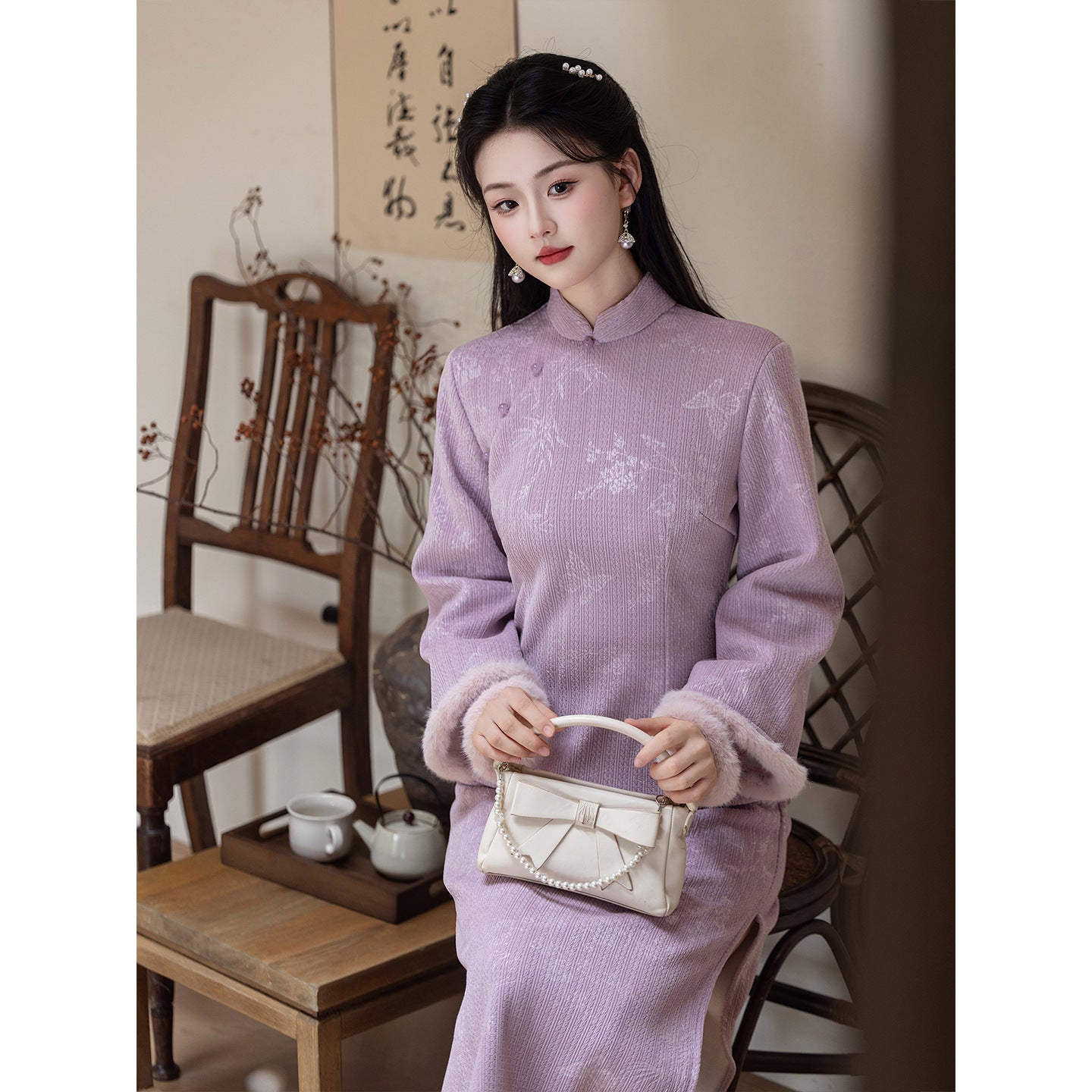 Women's Qipao Ziqingrou 紫晴柔 Asian Thicken Dress Chinese Modern Hanfu Clothing Velvet Cheongsam Winter