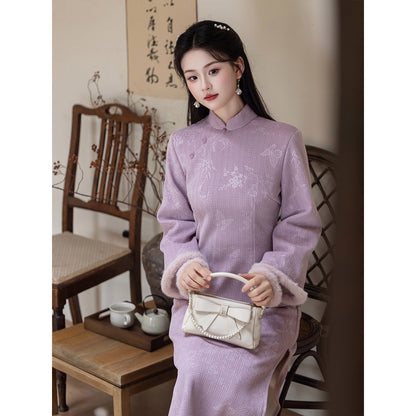 Women's Qipao Ziqingrou 紫晴柔 Asian Thicken Dress Chinese Modern Hanfu Clothing Velvet Cheongsam Winter