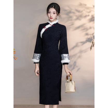 Women's Qipao Qinghua 青花 Asian Thicken Dress Chinese Modern Hanfu Clothing Velvet Cheongsam Winter