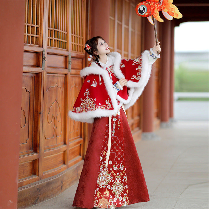 Ming Dynasty Clothing Chunshao 春梢 Women's Chinese Traditional Thicken Velvet Lunar New Year Hanfu Autumn Winter