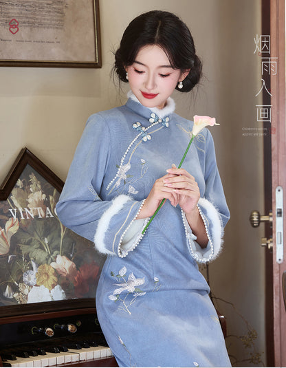 Women's Qipao Feidie 飞蝶 Asian Thicken Dress Chinese Modern Hanfu Clothing Velvet Cheongsam Winter