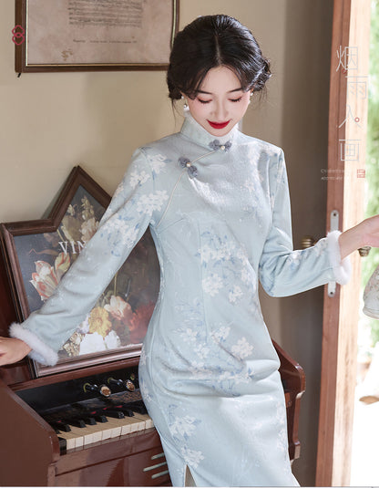 Women's Qipao Xinghua 星华 Asian Thicken Dress Chinese Modern Hanfu Clothing Velvet Cheongsam Winter