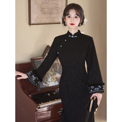 Women's Qipao Xueluo 雪落 Asian Thicken Dress Chinese Modern Hanfu Clothing Velvet Cheongsam Winter