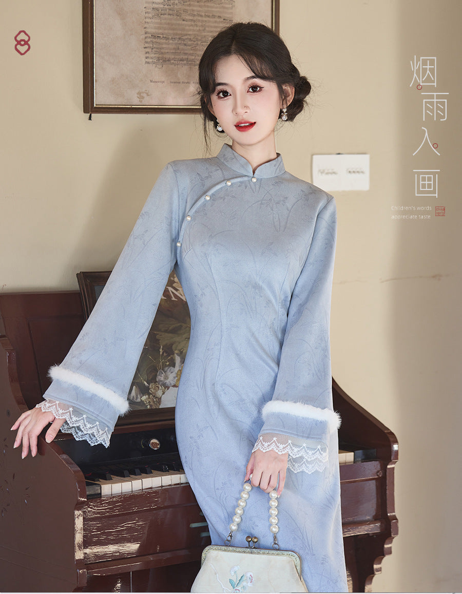 Women's Qipao Lanman 蓝蔓 Asian Dress Chinese Thicken Modern Hanfu Clothing Velvet Cheongsam