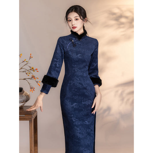 Women's Qipao Tingtai 亭台 Asian Thicken Dress Chinese Modern Hanfu Clothing Velvet Cheongsam Winter
