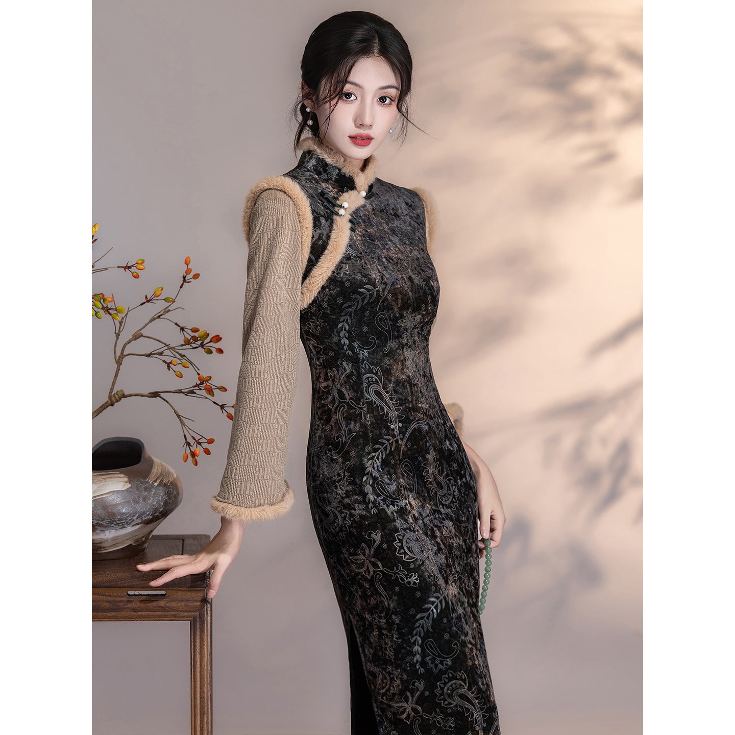 Women's Qipao Guitianle 归田乐 Asian Thicken Dress Chinese Modern Hanfu Clothing Velvet Cheongsam Winter