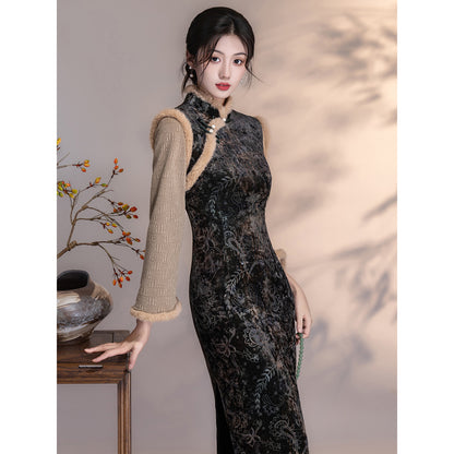 Women's Qipao Guitianle 归田乐 Asian Thicken Dress Chinese Modern Hanfu Clothing Velvet Cheongsam Winter