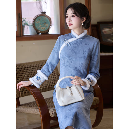 Women's Qipao Ruyu 如玉 Asian Thicken Dress Chinese Modern Hanfu Clothing Velvet Cheongsam Winter