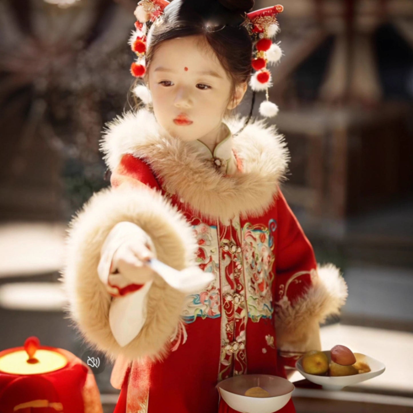 Ming Dynasty Girl's Mamian Skirt Jisui 吉岁 Children's Traditional Clothing Chinese Lunar New Year Velvet Hanfu Suit