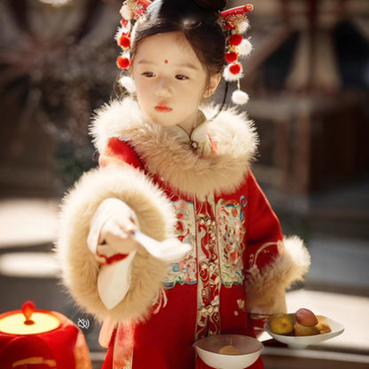 Ming Dynasty Girl's Mamian Skirt Jisui 吉岁 Children's Traditional Clothing Chinese Lunar New Year Velvet Hanfu Suit