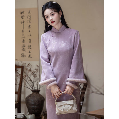 Women's Qipao Ziqingrou 紫晴柔 Asian Thicken Dress Chinese Modern Hanfu Clothing Velvet Cheongsam Winter