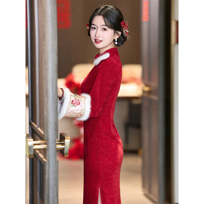 Wedding Qipao Chinese Clothes Qianhua 浅画 Women's Velvet Modern Gown Tea Ceremony Dress Hanfu Cheongsam