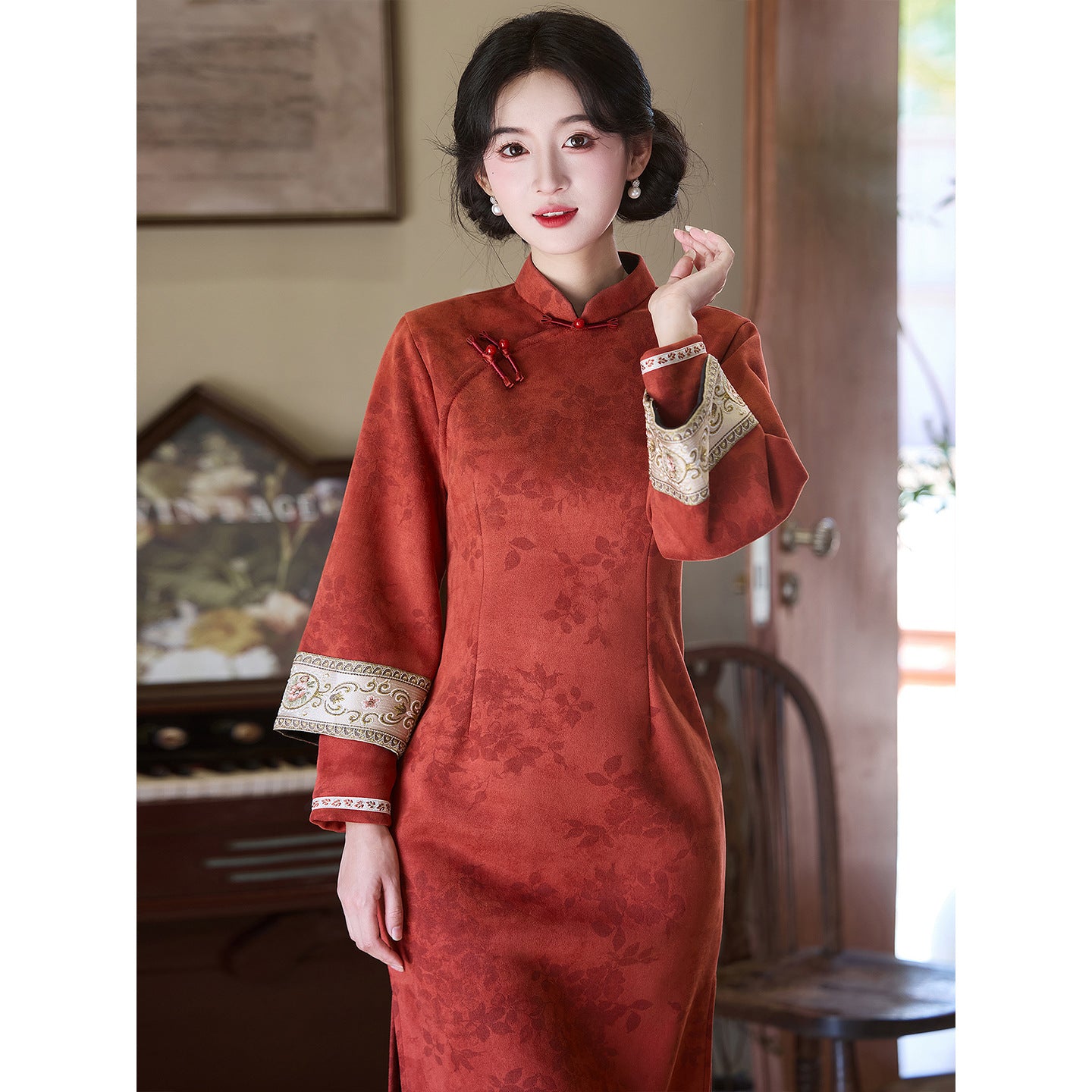 Women's Qipao Hexi 和熙 Asian Dress Chinese Thicken Modern Hanfu Clothing Velvet Cheongsam