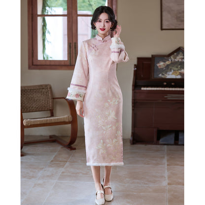 Women's Qipao Yuewanning 月腕凝 Asian Thicken Dress Chinese Modern Hanfu Clothing Velvet Cheongsam Winter