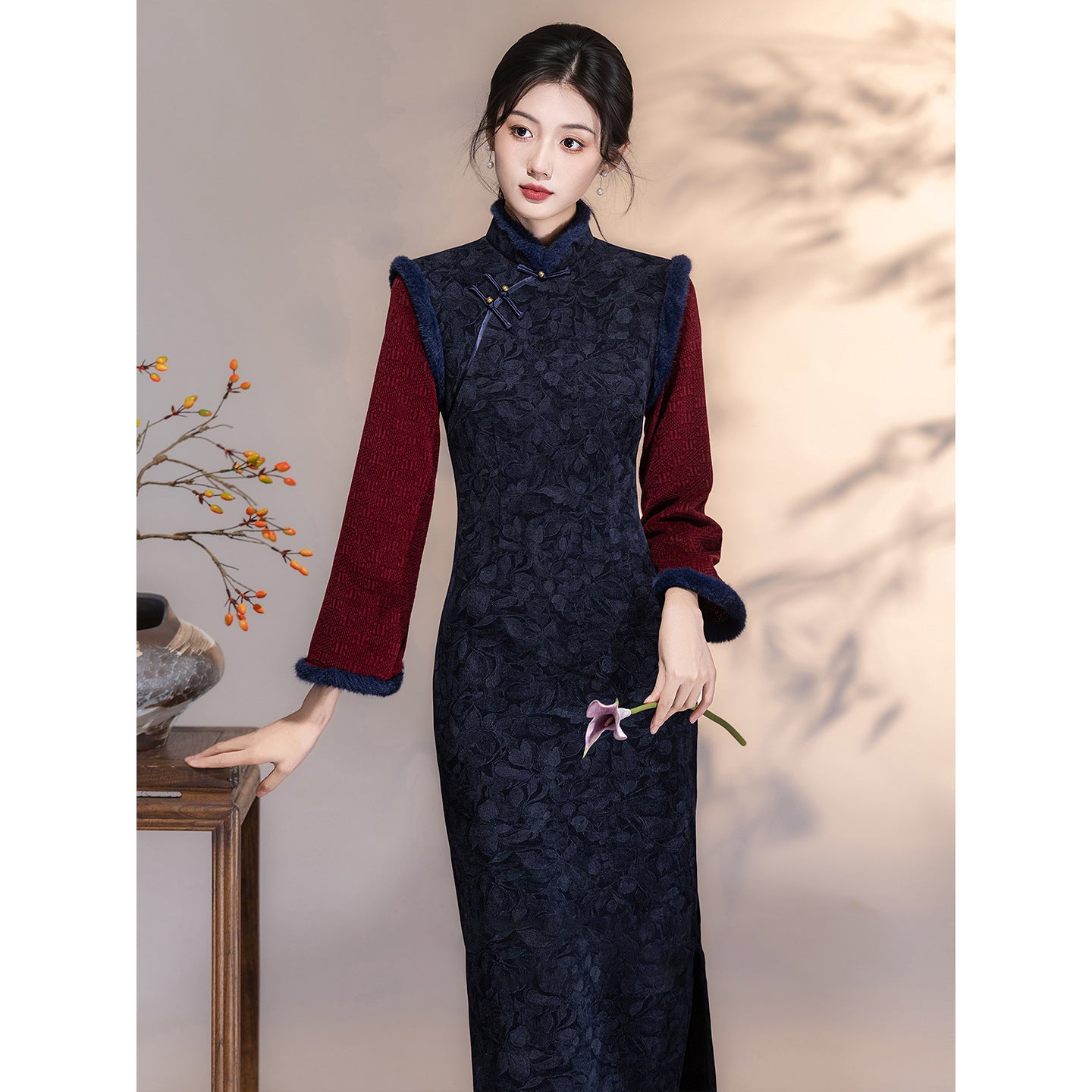 Women's Qipao Xiangsikou 相思扣 Asian Thicken Dress Chinese Modern Hanfu Clothing Velvet Cheongsam Winter
