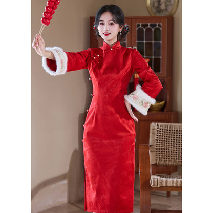 Women's Qipao Xinianle 喜年乐 Asian Dress Chinese Thicken Modern Hanfu Clothing Velvet Cheongsam Winter Autumn