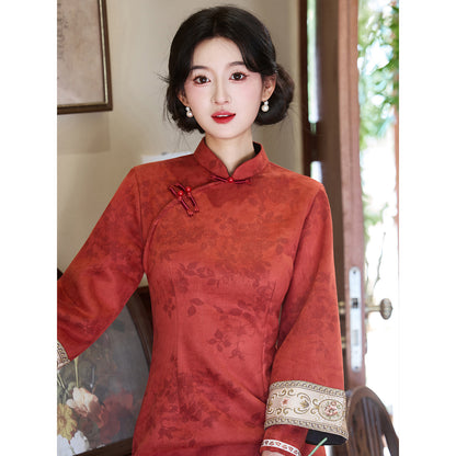 Women's Qipao Hexi 和熙 Asian Dress Chinese Thicken Modern Hanfu Clothing Velvet Cheongsam