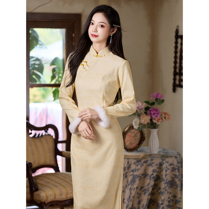 Women's Qipao Huaqi 花期 Asian Thicken Dress Chinese Modern Hanfu Clothing Velvet Cheongsam Winter
