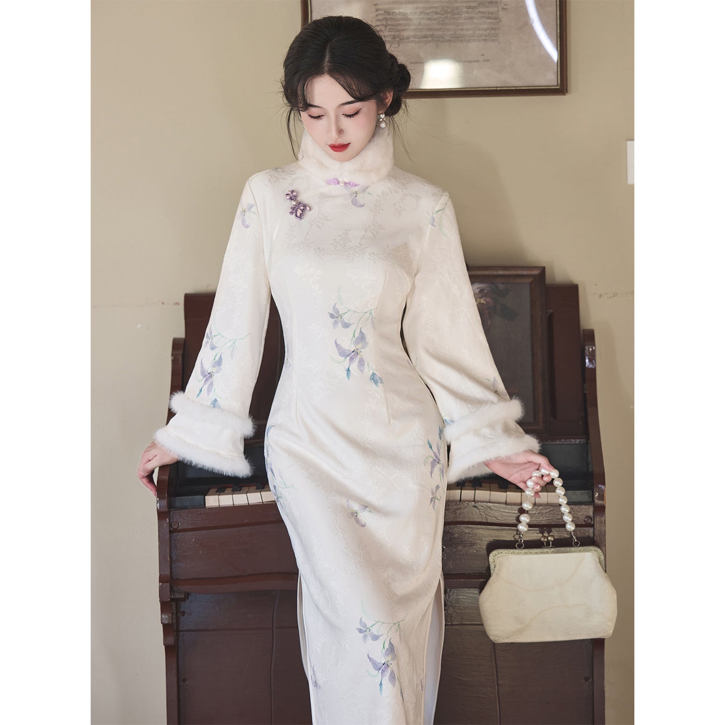 Women's Qipao Sangshangzi 桑上紫 Asian Thicken Dress Chinese Modern Hanfu Clothing Velvet Cheongsam Winter