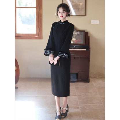 Women's Qipao Xueluo 雪落 Asian Thicken Dress Chinese Modern Hanfu Clothing Velvet Cheongsam Winter