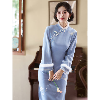 Women's Qipao Feidie 飞蝶 Asian Thicken Dress Chinese Modern Hanfu Clothing Velvet Cheongsam Winter