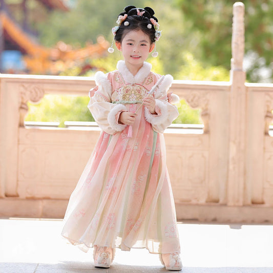 Tang Dynasty Girl Velvet Ruqun Huazhao 花朝 Children's Chinese Traditional Clothing Hanfu Suit